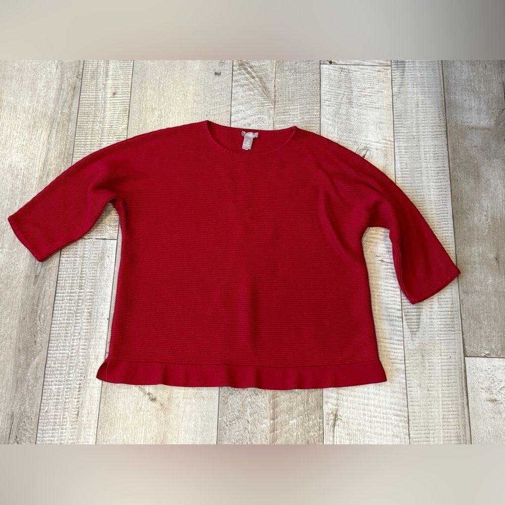 Chicos Red Ribbed Quarter Sleeve Sweater